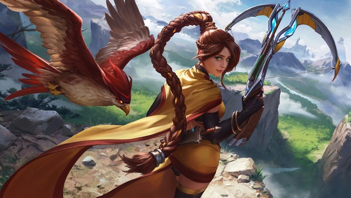Cassie from Paladins with a hawk and crossbow