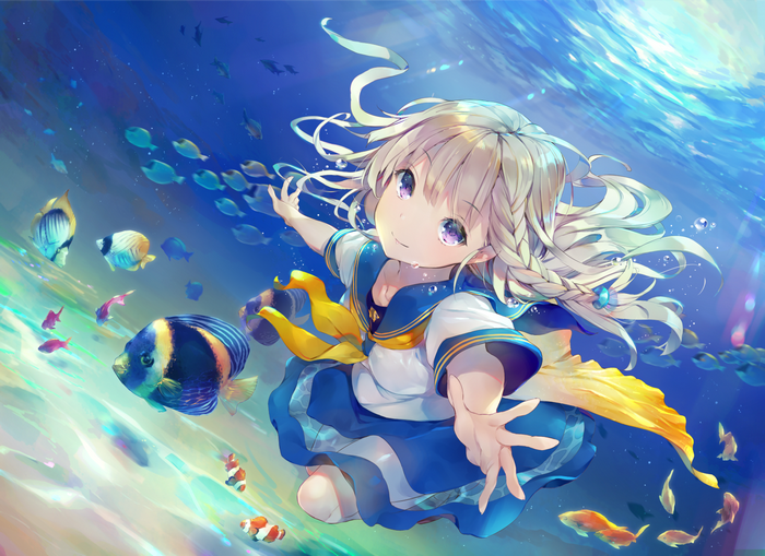 Anime girl swimming with fish underwater