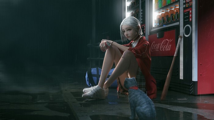 Rui Li sitting by a vending machine in the rain
