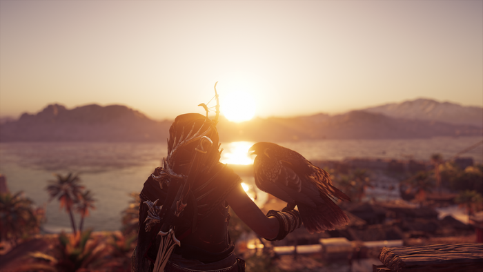 Kassandra with Ikaros in Assassin's Creed Odyssey at sunset