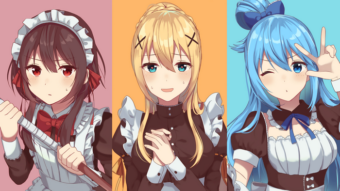 Aqua, Darkness, and Megumin from KonoSuba in maid outfits