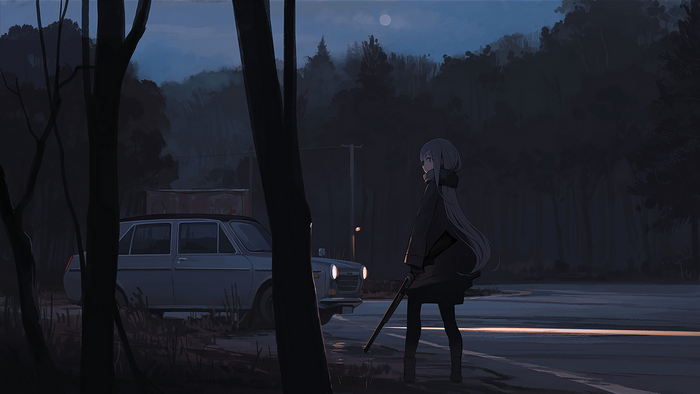 Anime girl with weapon by car at night