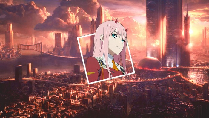 Zero Two from Darling in the FranXX in a futuristic city