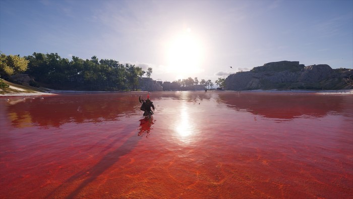 Alexios in red water from Assassin's Creed Odyssey