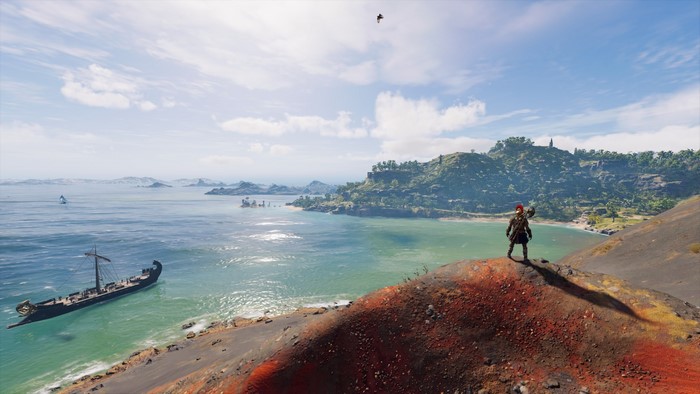 Alexios from Assassin's Creed Odyssey on a cliff overlooking the sea