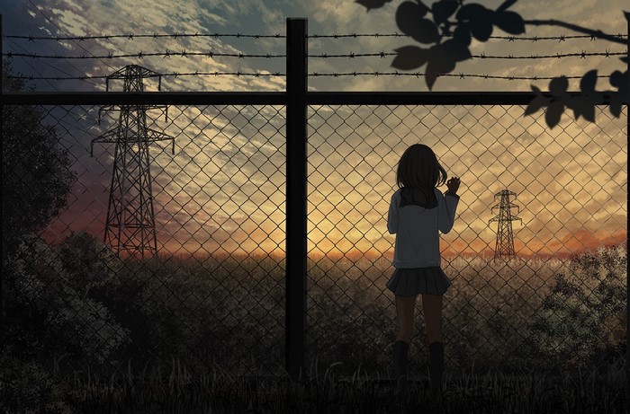 Anime girl looking at sunset through a fence