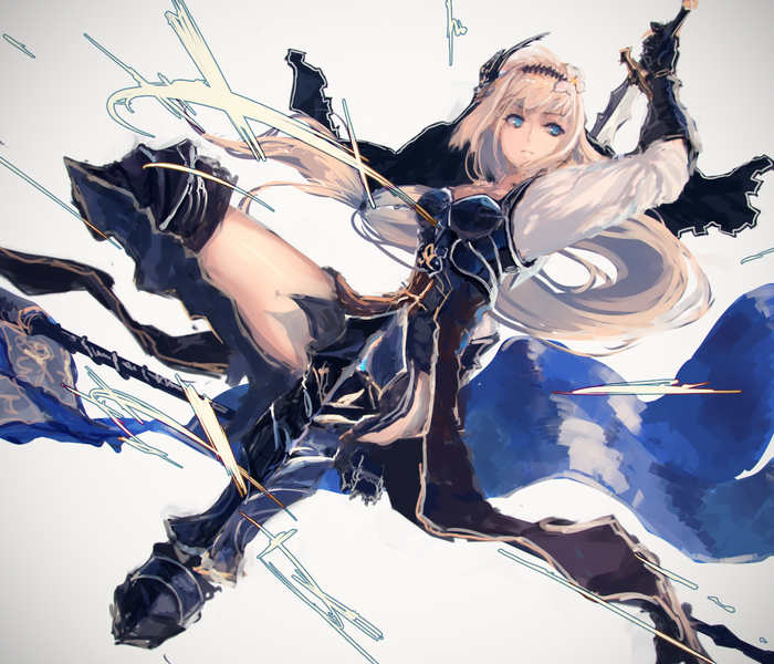 Anime girl with blonde hair and blue eyes wielding a sword