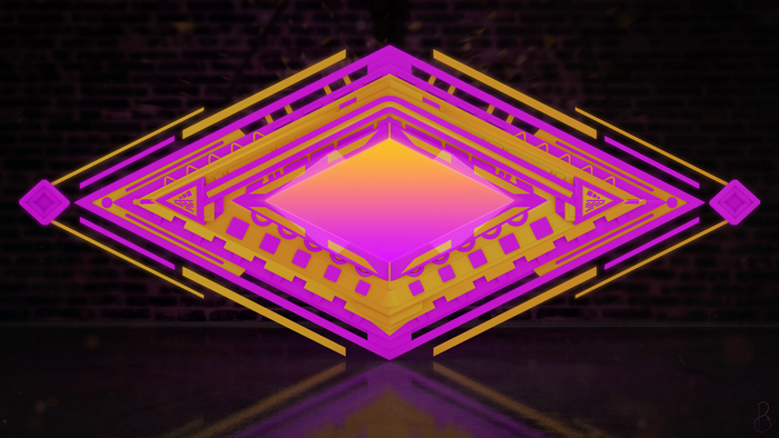 Abstract geometric rhombus with glowing pink and yellow layers