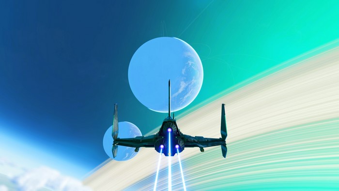 Spaceship flying near planets in No Man's Sky