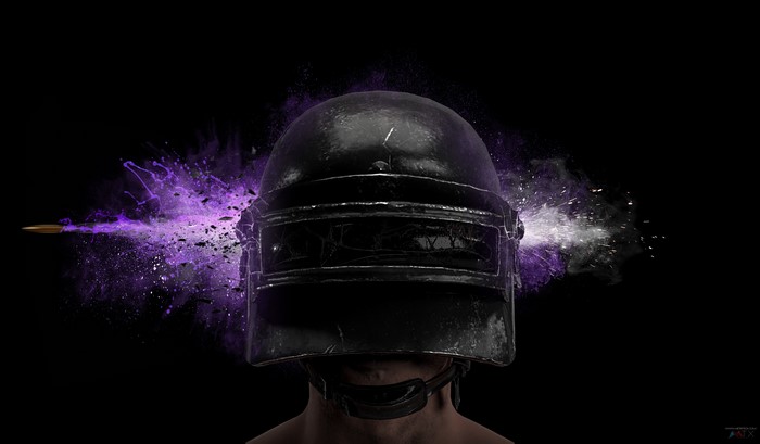 PUBG helmet with bullet impact and purple explosion