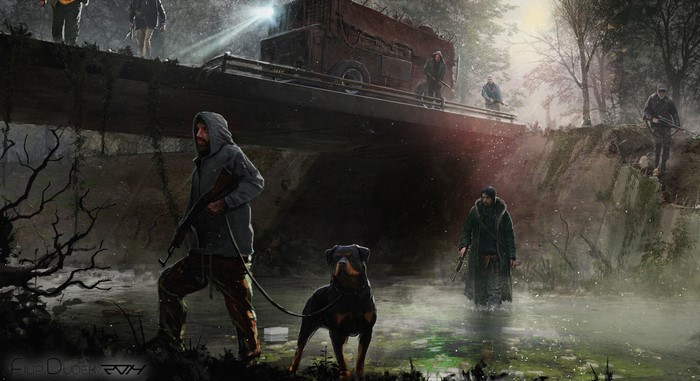 Survivors with dog and vehicle on a bridge