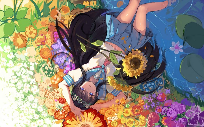 Anime girl in sailor uniform lying in a garden of flowers