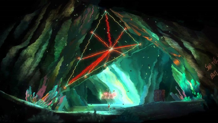 Alex from Oxenfree in a cave with a geometric light structure