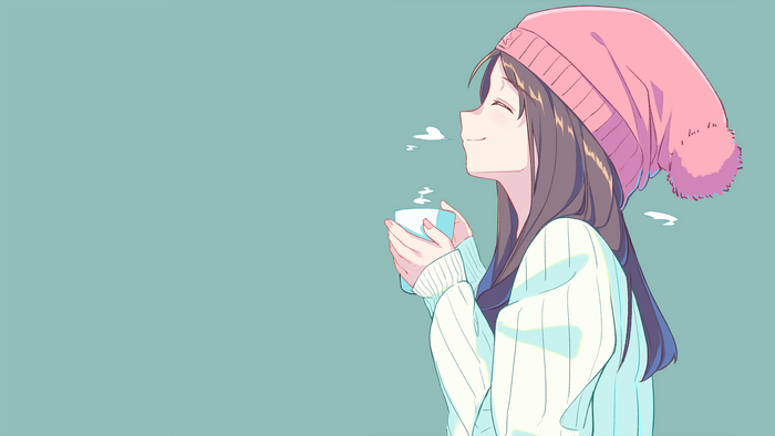 Anime girl in pink hat drinking from a cup