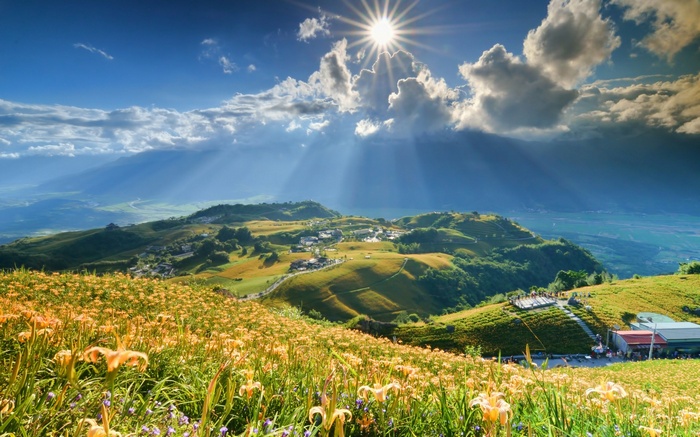 Sunlight over a valley with flower fields and mountains
