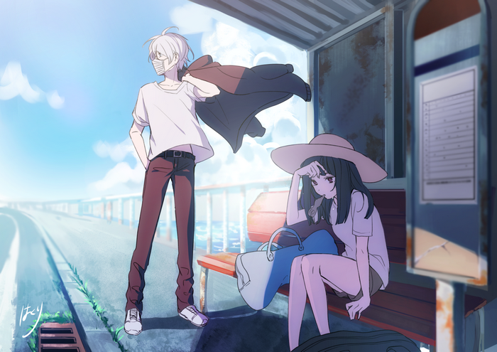 Anime boy and girl at bus stop