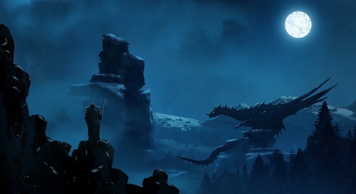 Dragon perched on a rocky outcrop under a full moon