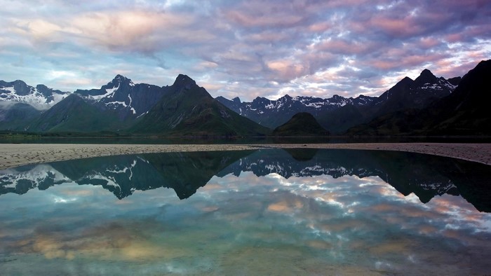 Mountains reflected in water at dusk