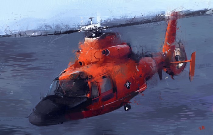 Orange helicopter flying over water, artwork by ShuoLin Liu