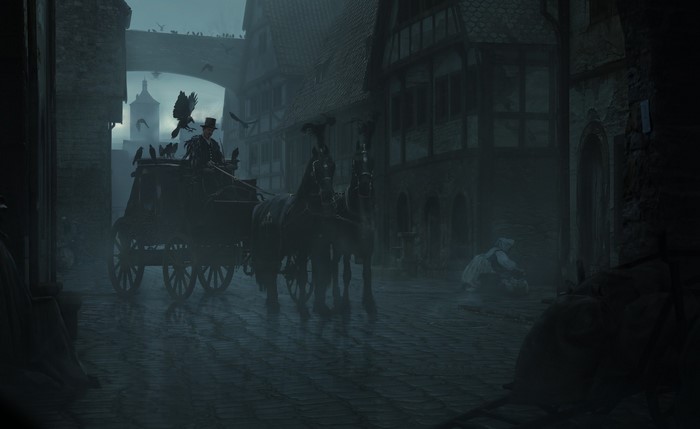 Man in top hat drives horse-drawn carriage through foggy city street with ravens