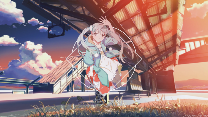 Anime girl with pigtails in a geometric frame