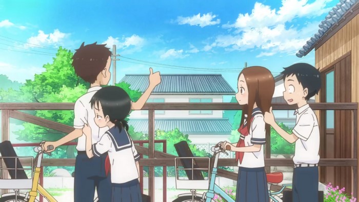 Anime characters with bicycles on a sunny day