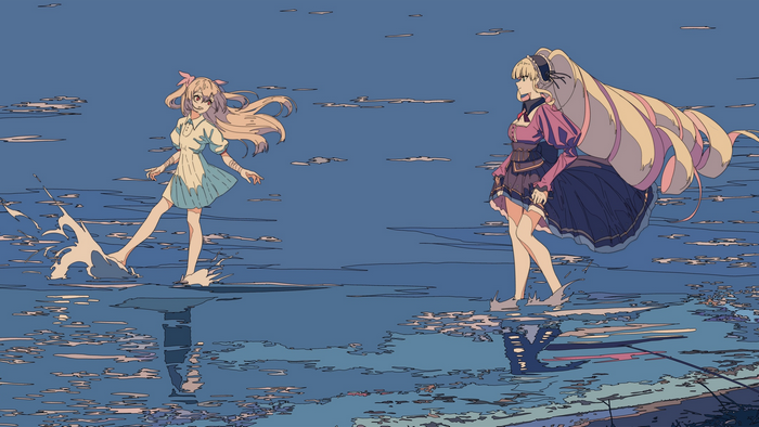 Two anime girls with long blonde hair on a body of water