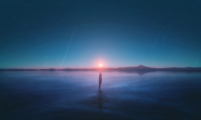 Person standing by a lake at sunset with shooting stars