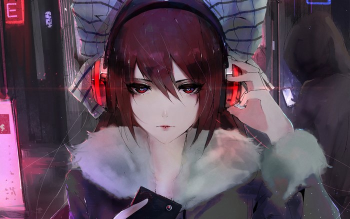 Aoi Ogata with headphones in a city at night