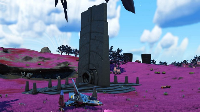 Spaceship on a purple planet in No Man's Sky