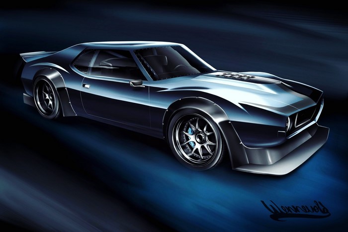 Artwork of a custom dark blue muscle car