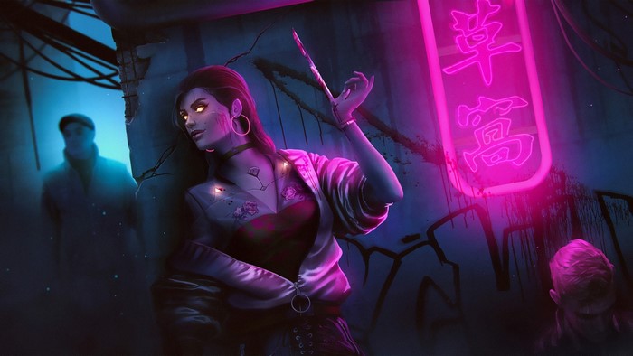 Cyberpunk woman with glowing eyes and knife