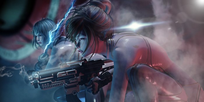 Cyberpunk artwork of two women in combat with weapons