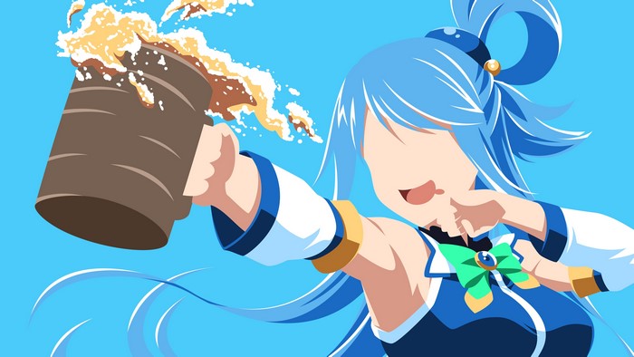 Aqua from KonoSuba holding a frothing mug