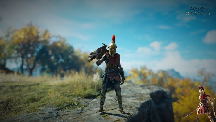 Alexios from Assassin's Creed Odyssey with a bird