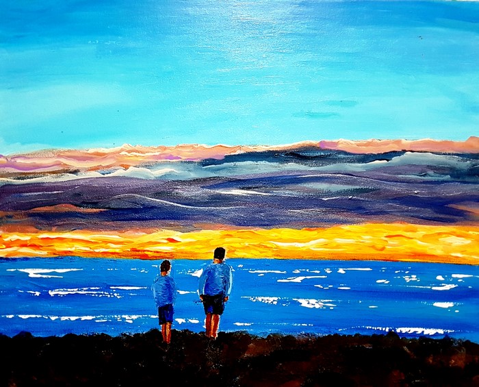 Painting of two boys watching a sunset over the sea