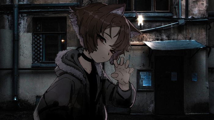 Anime girl with cat ears in alleyway