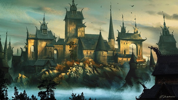 Fantasy castle on a rocky outcrop with birds flying