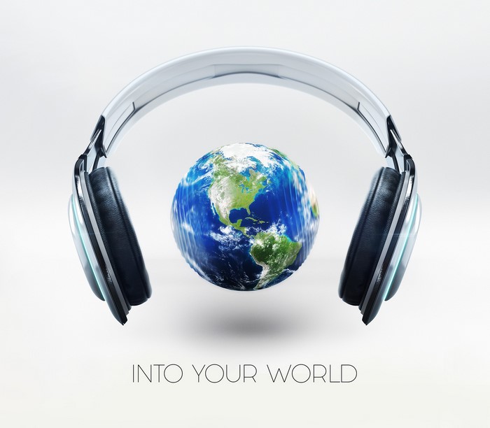 Headphones and Earth with text "INTO YOUR WORLD"