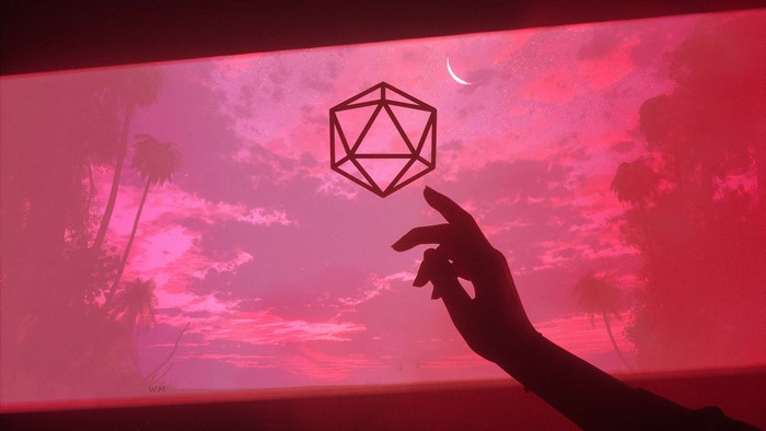 Digital art with a hand reaching for an Icosahedron