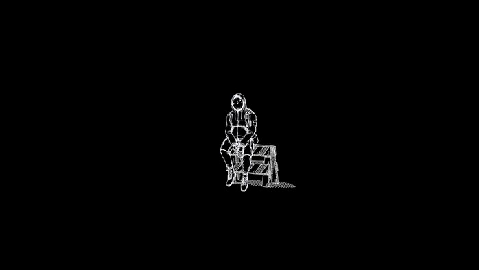 Minimalist artwork of a person with a clock for a face sitting on a step stool