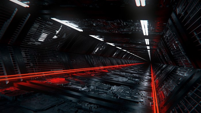 Futuristic dark tunnel with red lights