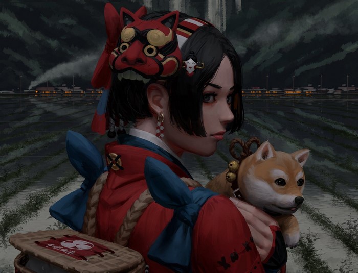 Woman in traditional Japanese attire with a dog and mask