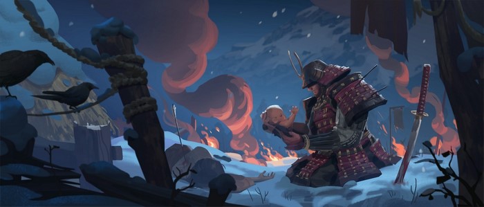Samurai holding a baby in a snowy, burning village