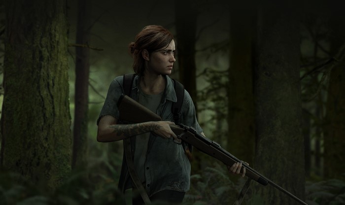 Ellie from The Last of Us 2 with a rifle in a forest