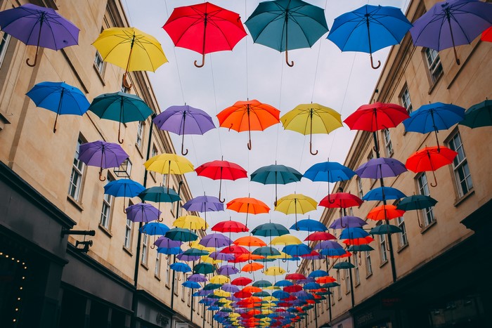 Colorful umbrellas decorating a city street
