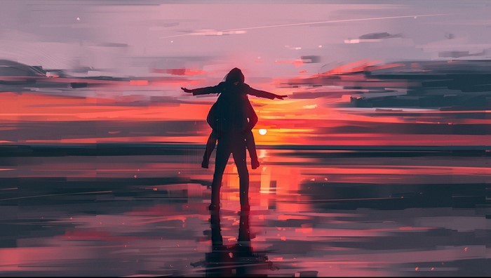 Couple piggybacking at sunset over water