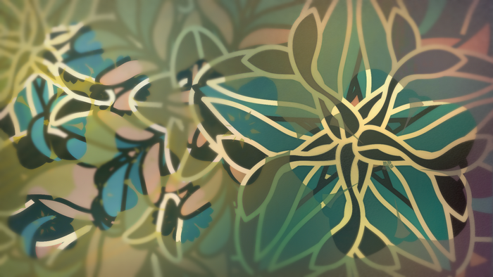 Abstract floral pattern with teal and gold outlines