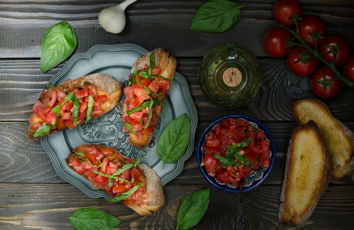 Bruschetta with tomatoes, basil, garlic, olive oil, and bread
