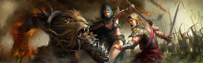 Fantasy war with lion, warriors, and army